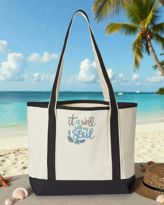 It Is Well Embroidered Large Beach Tote