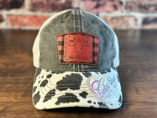 Ladies Psalm 50 Black Cow Print Ponytail Cap Red Flannel Patch