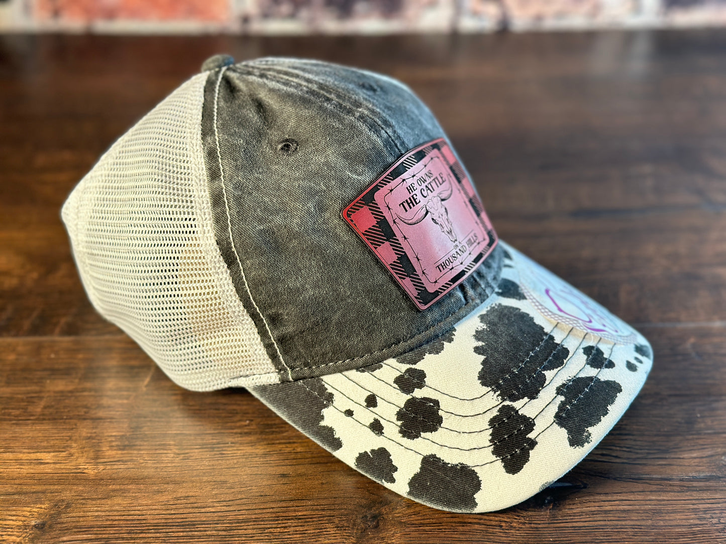 Ladies Psalm 50 Black Cow Print Ponytail Cap Red Flannel Patch