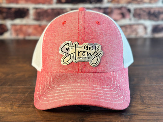Ladies "She is Strong" Chambray Pink Ponytail Cap