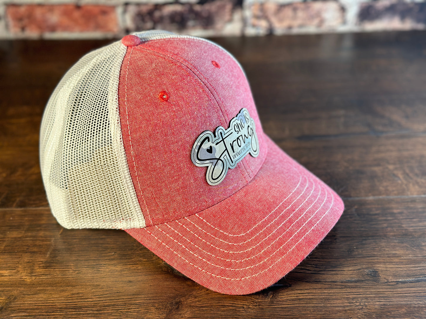 Ladies "She is Strong" Chambray Pink Ponytail Cap