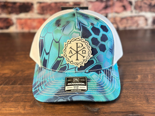 Chi Rho White and Kryptek Aqua Richardson Trucker Hat