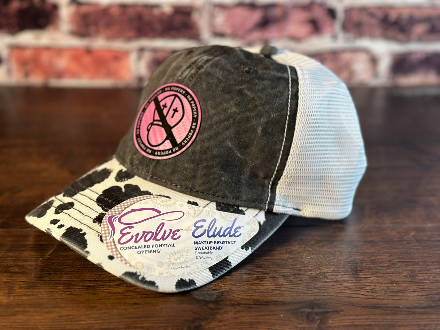 No Popery Black Cow Print Ponytail Cap