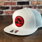 Wrath and Grace Logo Flatbill Snapback in white with carbon fiber red patch