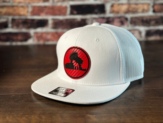 Wrath and Grace Logo Flatbill Snapback in white with carbon fiber red patch