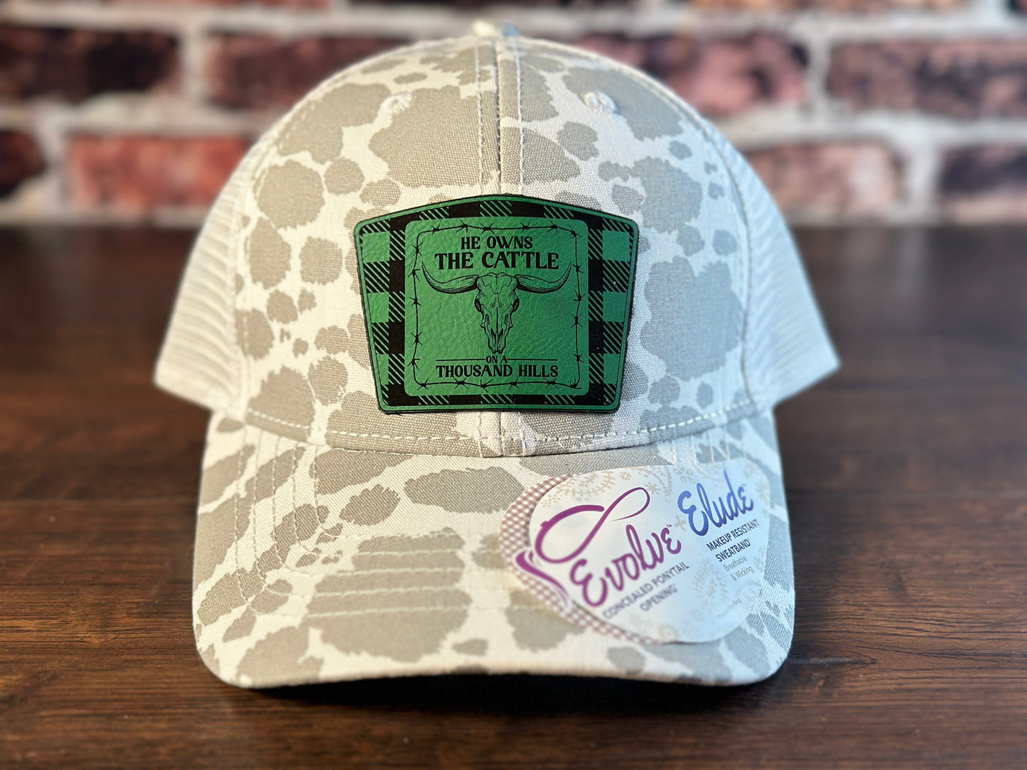 Ladies Psalm 50 Grey Cow Print Ponytail Cap Green Flannel