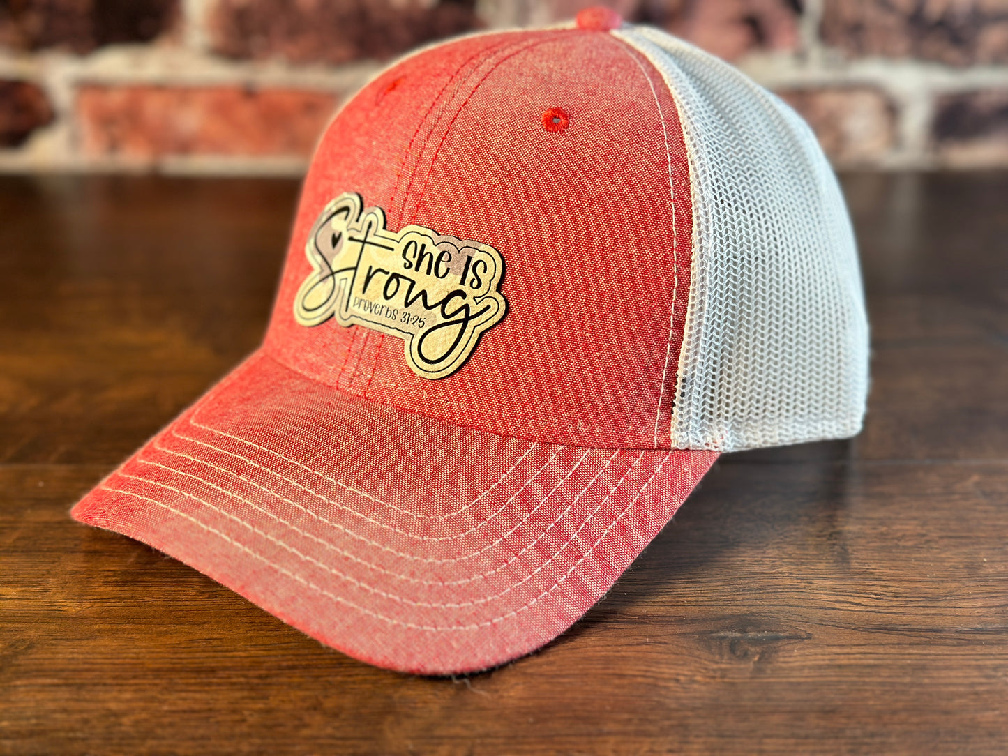 Ladies "She is Strong" Chambray Pink Ponytail  Cap