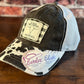 Ladies Psalm 50 Black Cow Print Ponytail Cap White Flannel Patch