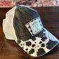 Ladies Psalm 50 Black Cow Print Ponytail Cap White Flannel Patch