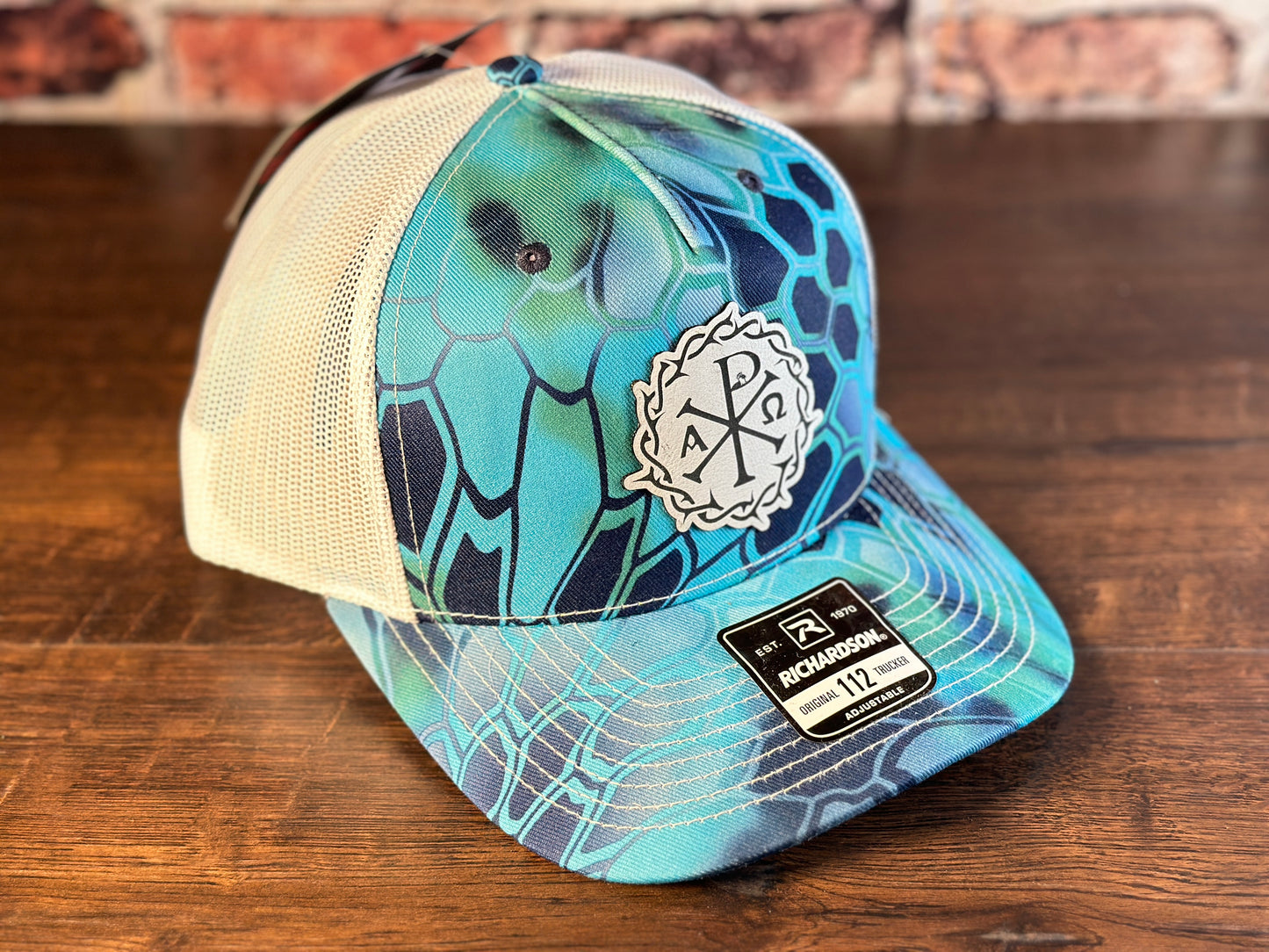 Chi Rho White and Kryptek Aqua Richardson Trucker Hat